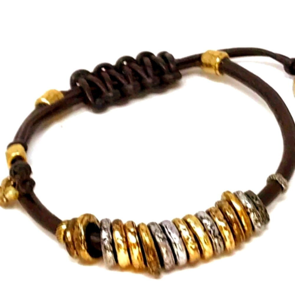 Rare! STUNNING LUCKY BRAND leather adjustable bracelet hammered discs
